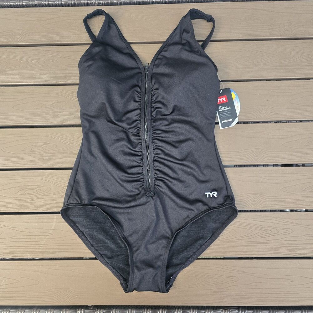 TYR Women's Solid Black V-Neck Zipper Controlfit 1 Piece Swimsuit Sz 8 New